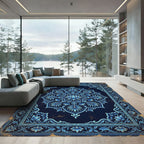 Ornate Navy Lotus Bloom Medallion Rug