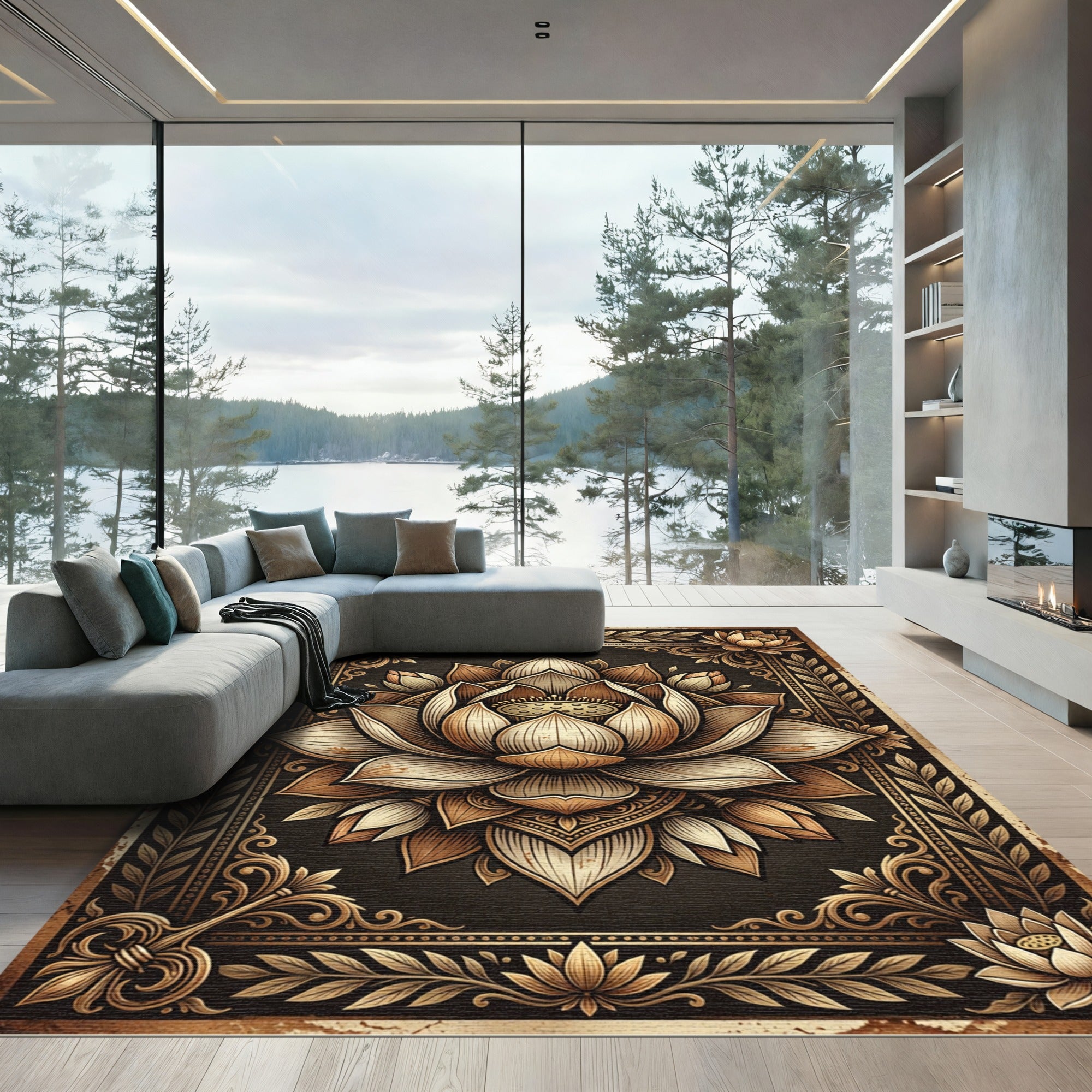 Elegant Golden Lotus Floral Medallion Rug