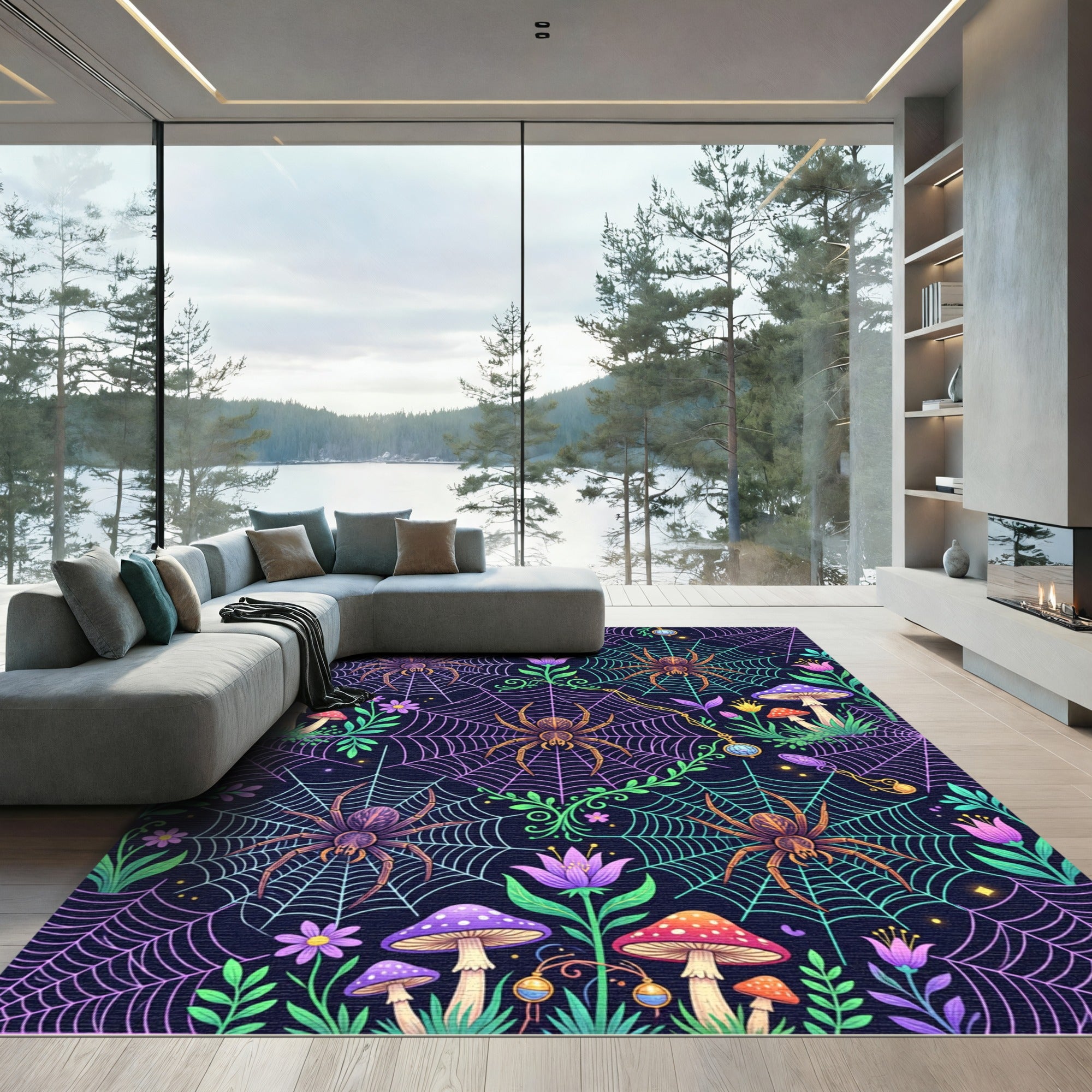 Whimsical Purple Spider Web Forest Rug