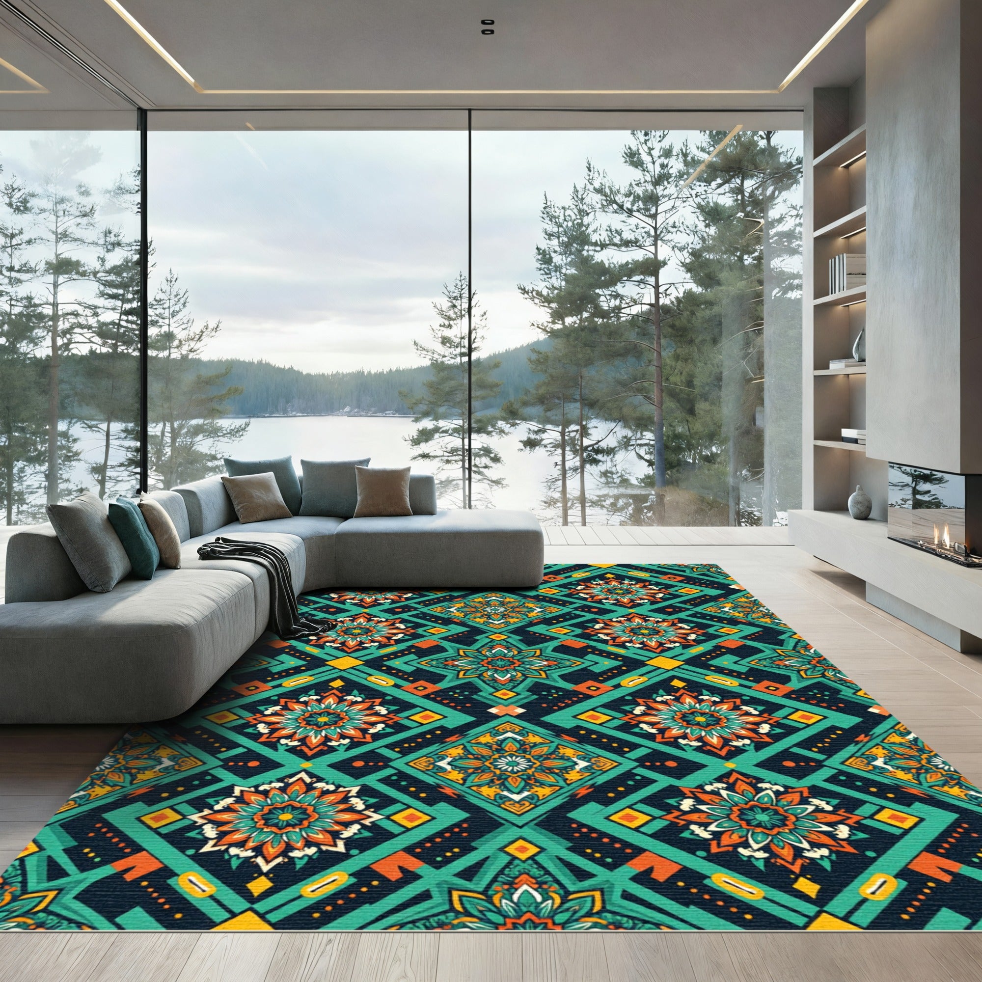 Emerald Teal Orange Mandala Diamond Rug
