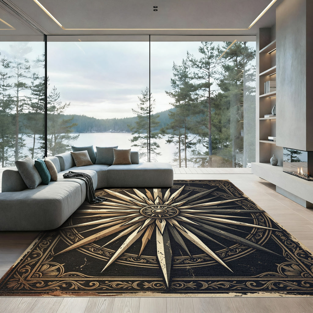 Vintage Celestial Compass Star Medallion Rug