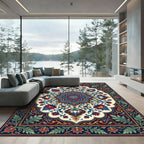 Ornate Crimson Floral Medallion with Teal Vines Rug