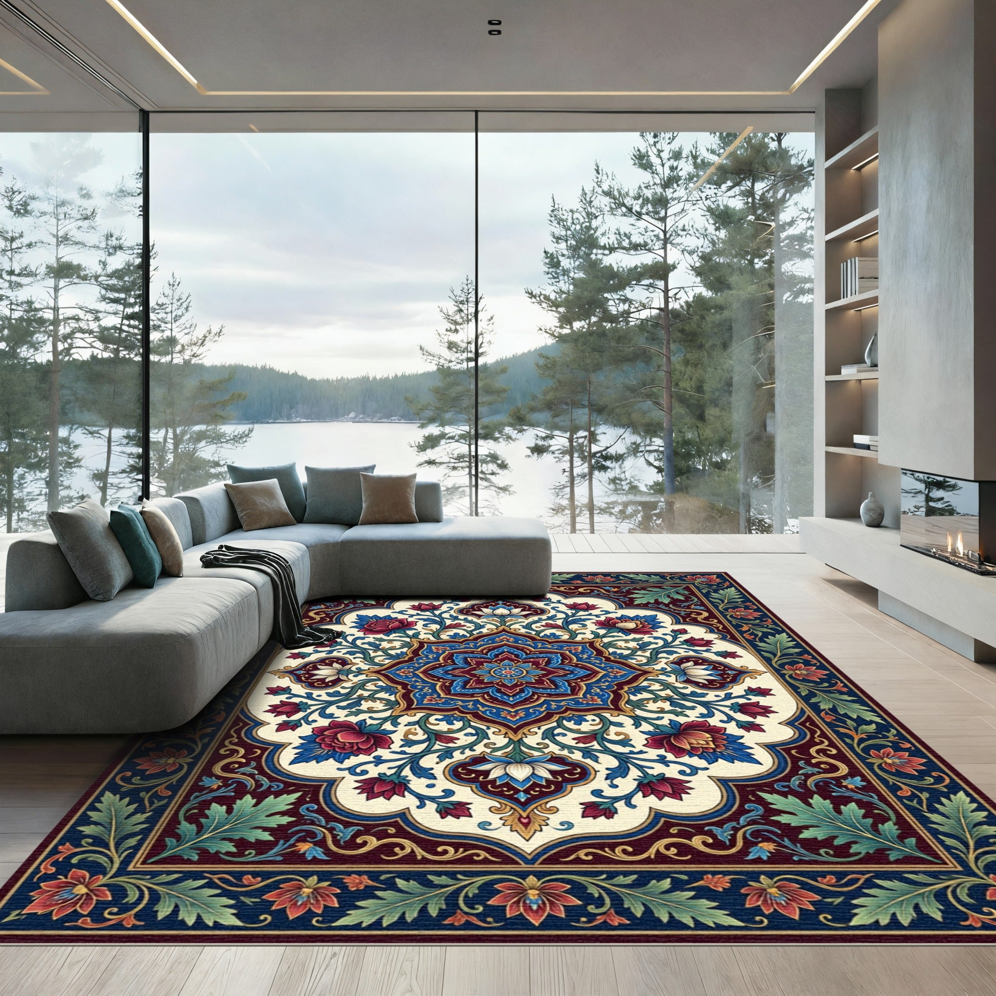 Ornate Crimson Floral Medallion with Teal Vines Rug