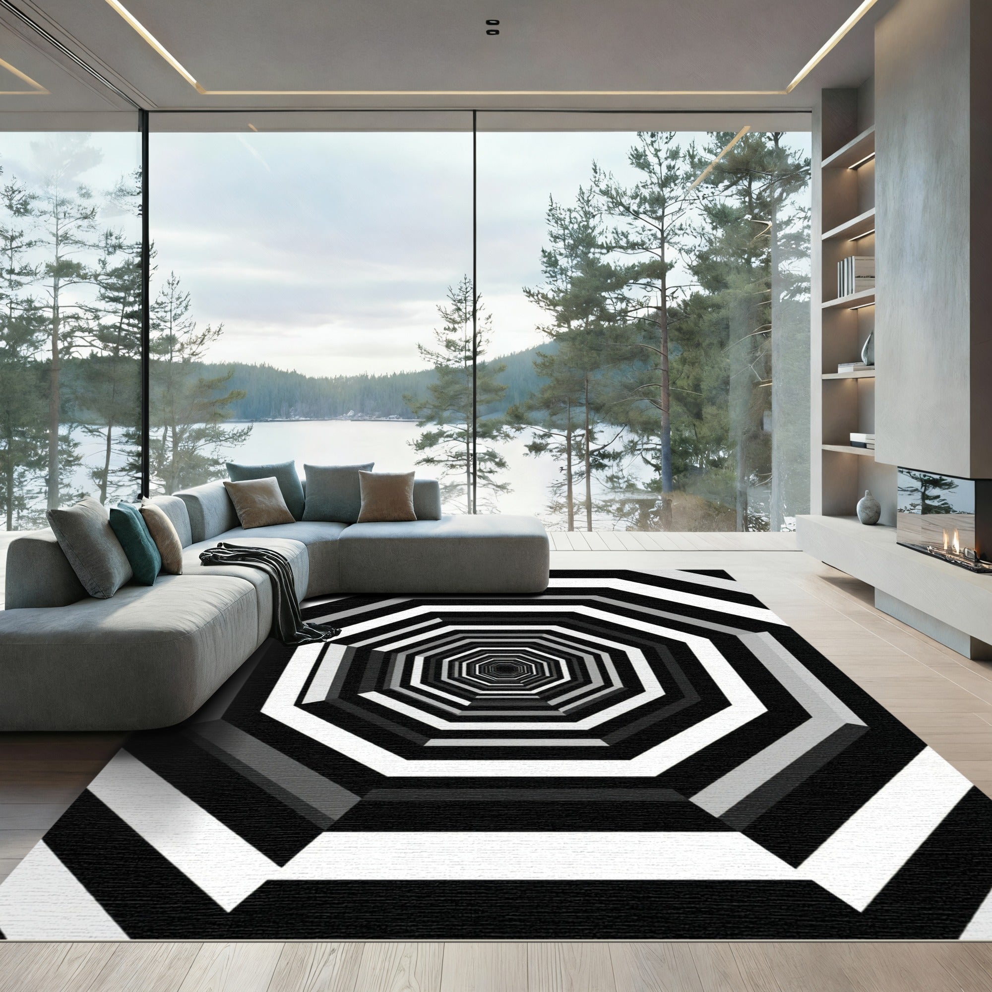 Monochrome Geometric Infinite Octagon Tunnel Rug