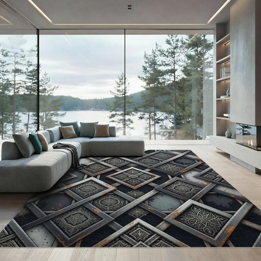 Ornate Interlocking Gray Square Medallions Rug