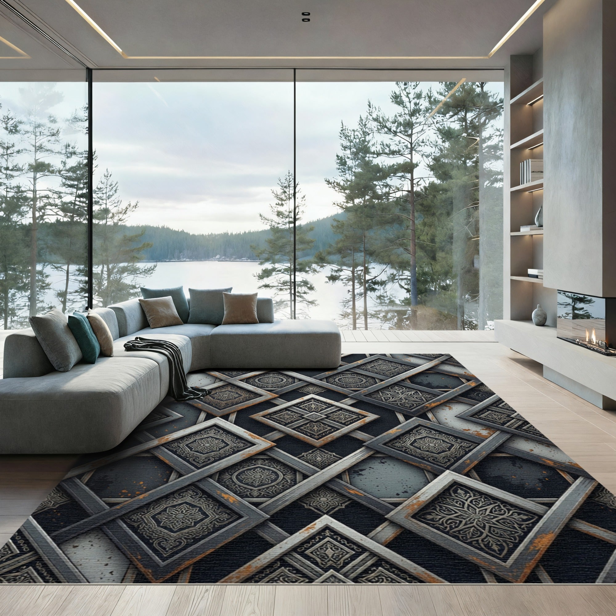 Ornate Interlocking Gray Square Medallions Rug