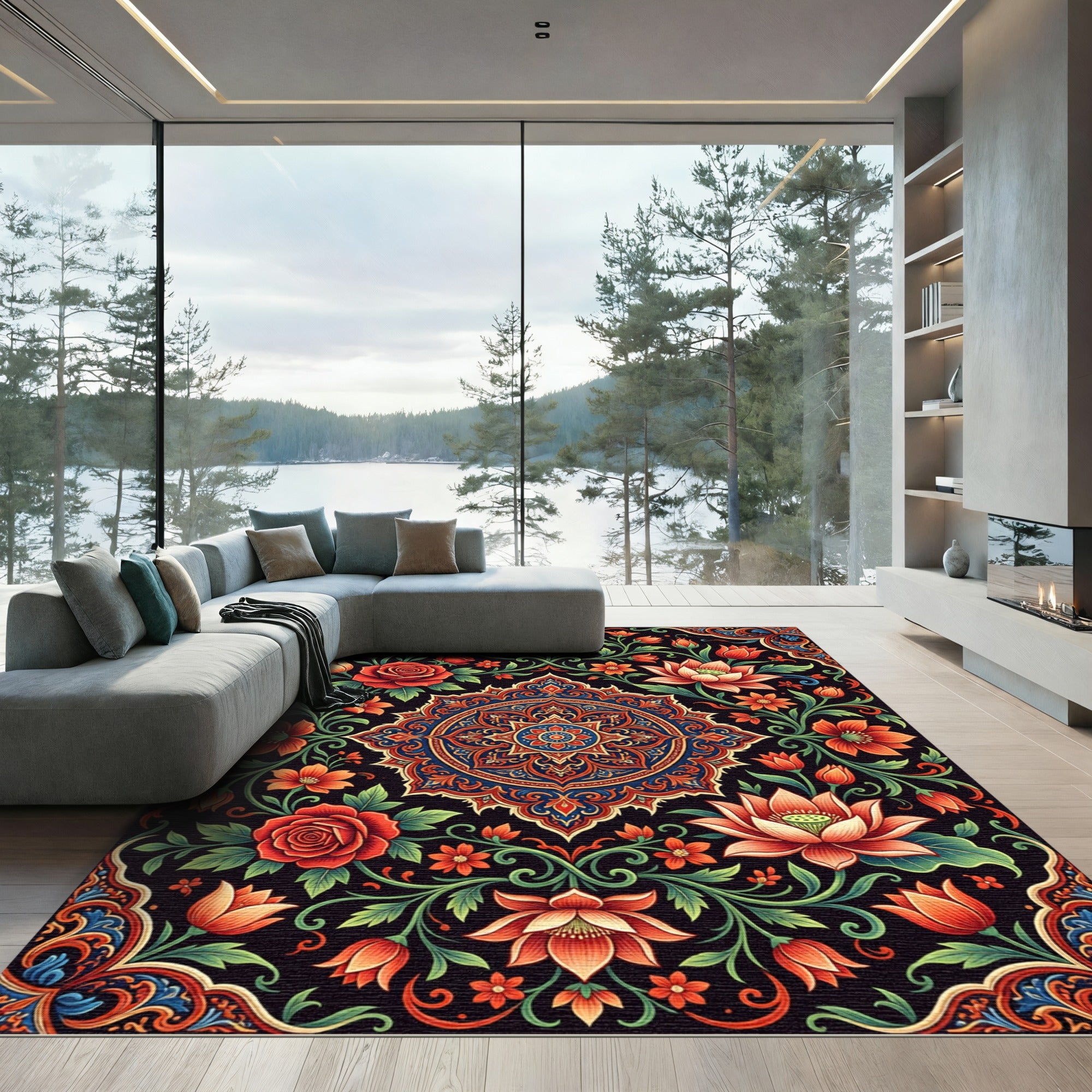 Vibrant Crimson Floral Mandala Medallion Rug
