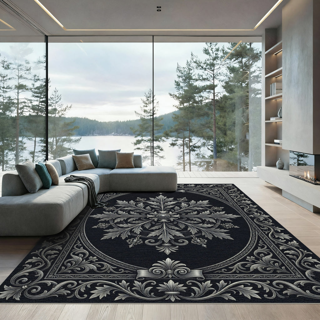 Ornamental Leaf Symmetry Black Silver Rug