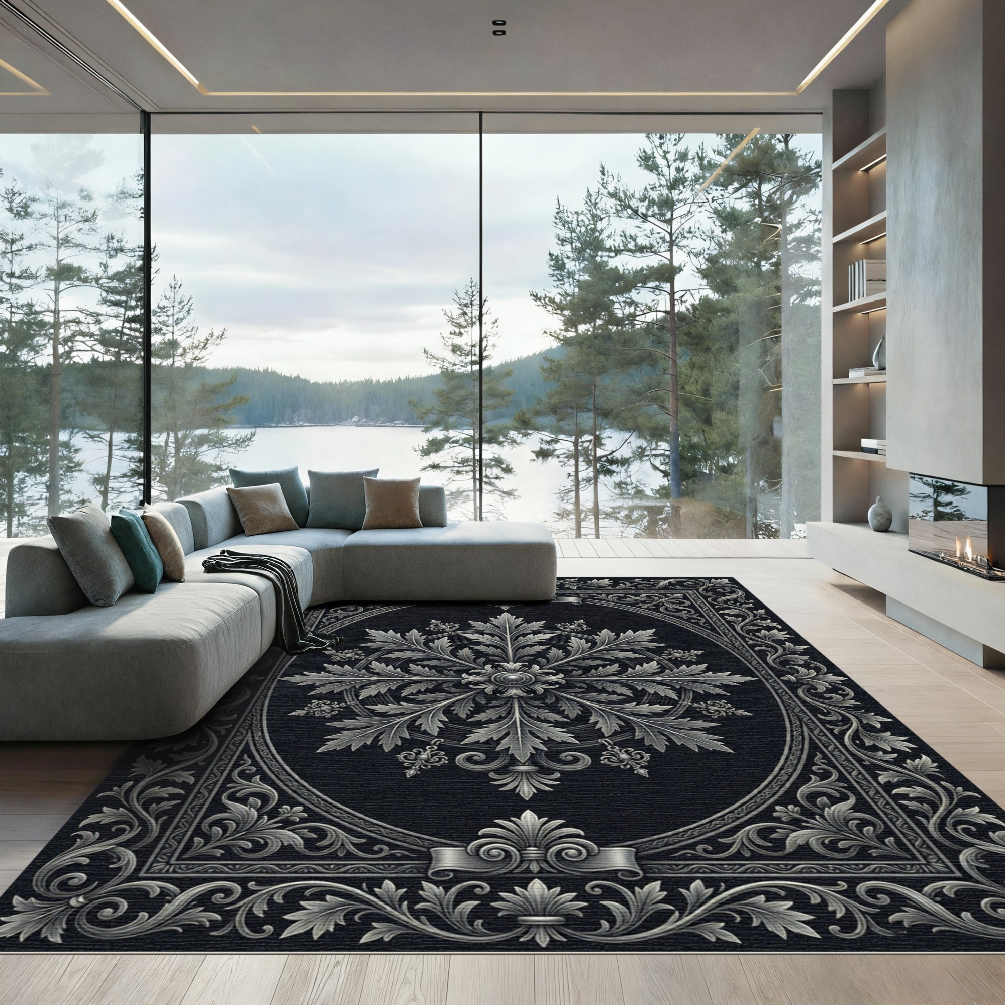 Ornamental Leaf Symmetry Black Silver Rug