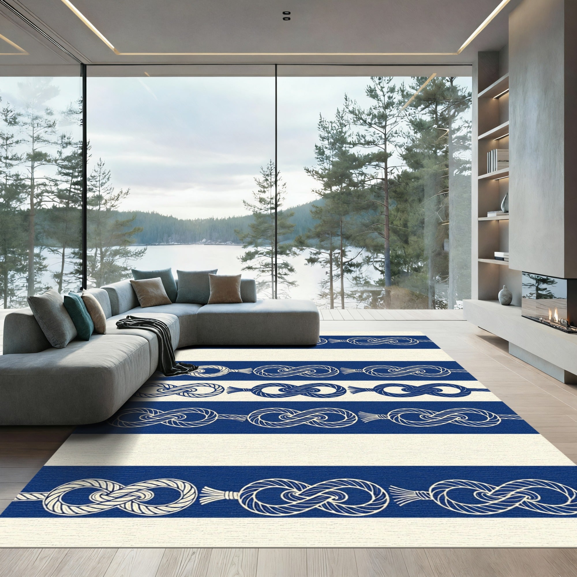 Navy Blue Striped Nautical Knot Rug