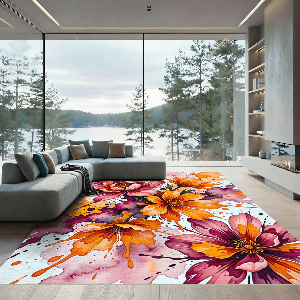 Vibrant Watercolor Floral Splatter Rug