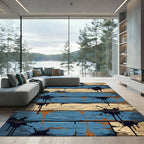 Blue Tan Distressed Wood Splatter Rug