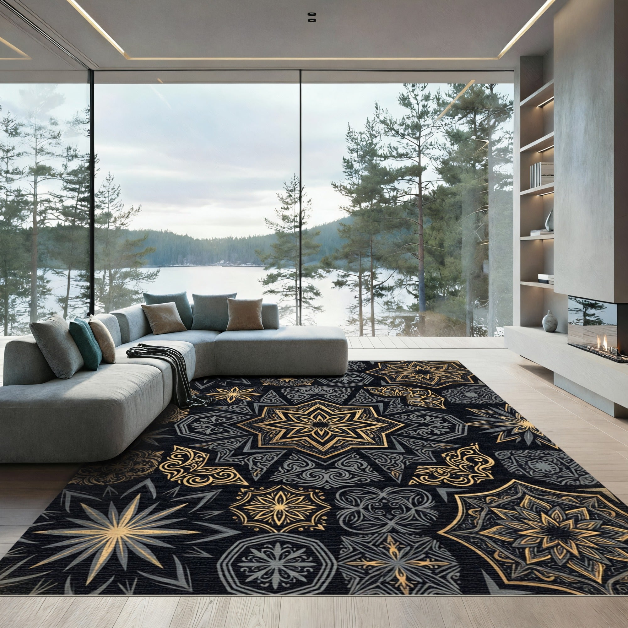 Gold Black Mandala Starburst Collection Rug