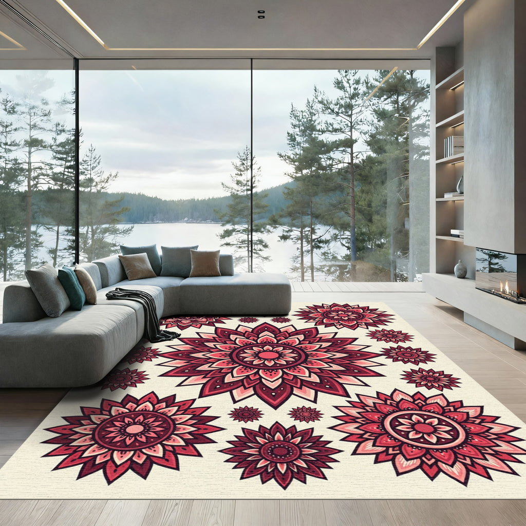 Burgundy Floral Mandala Medallion Composition Rug