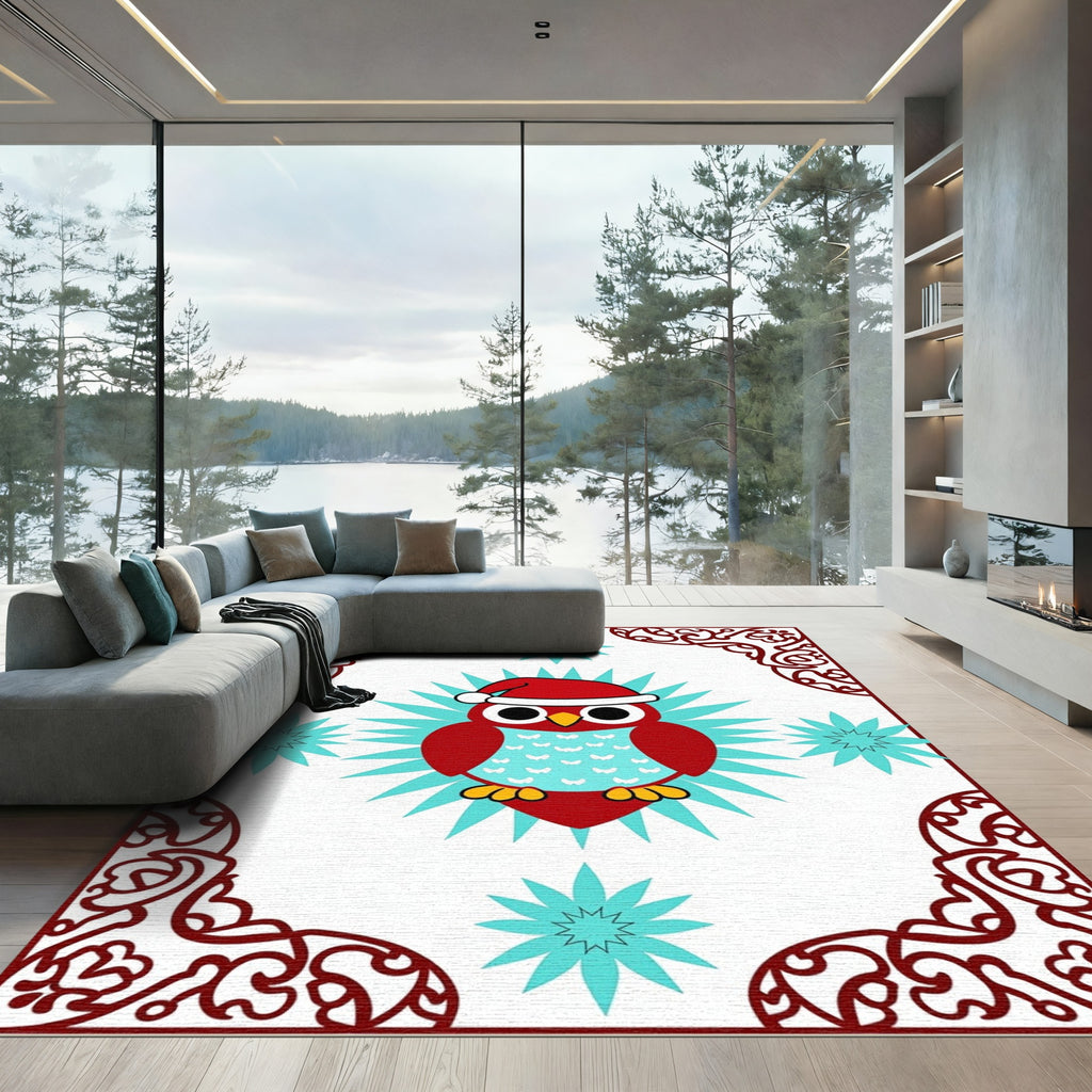 Festive Red Owl Starburst Whimsical Rug