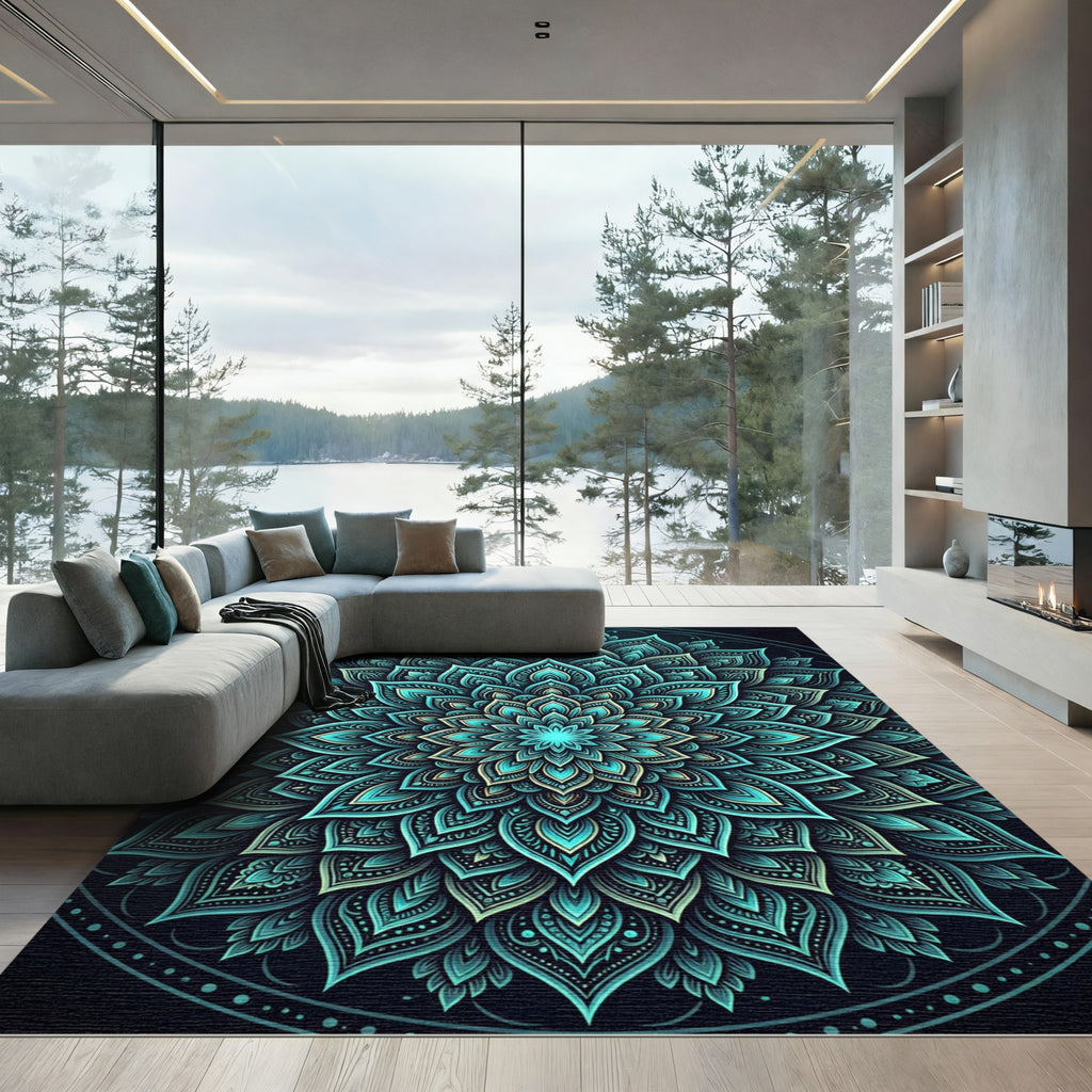 Radiant Teal Floral Mandala Medallion Rug