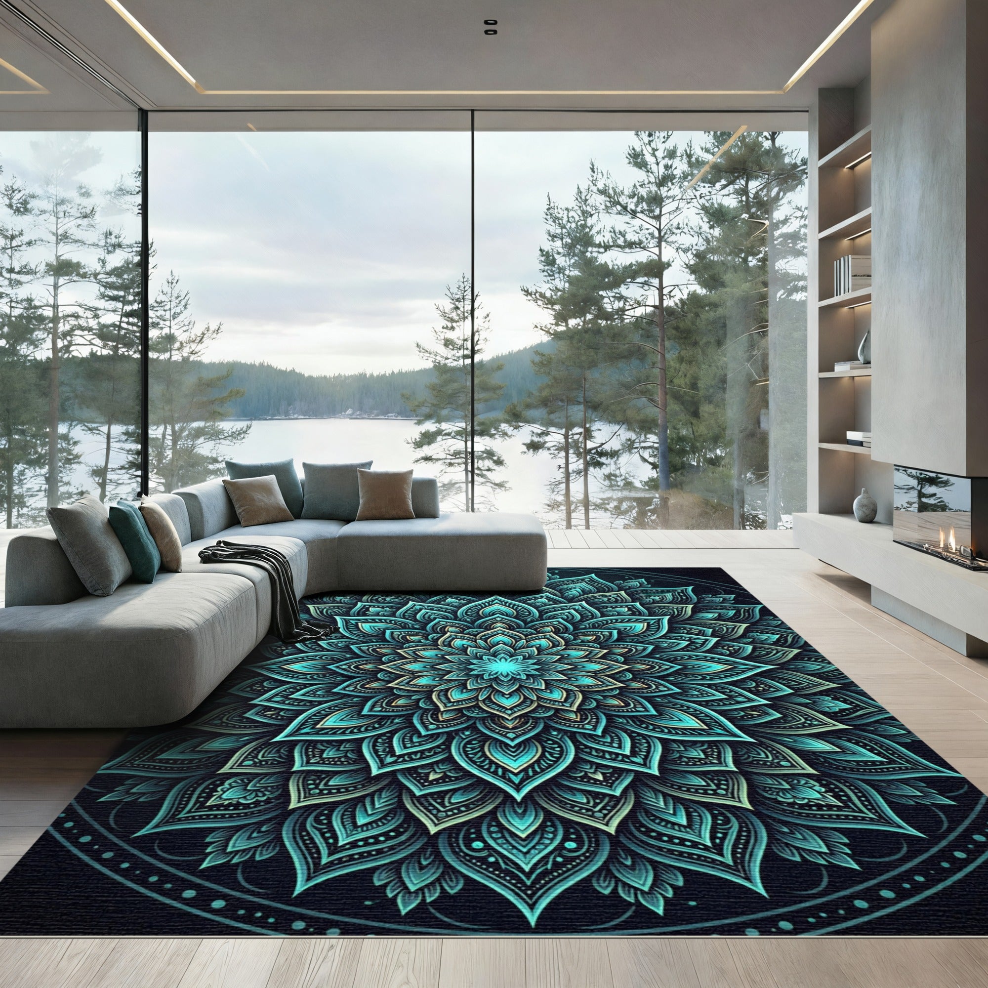 Radiant Teal Floral Mandala Medallion Rug