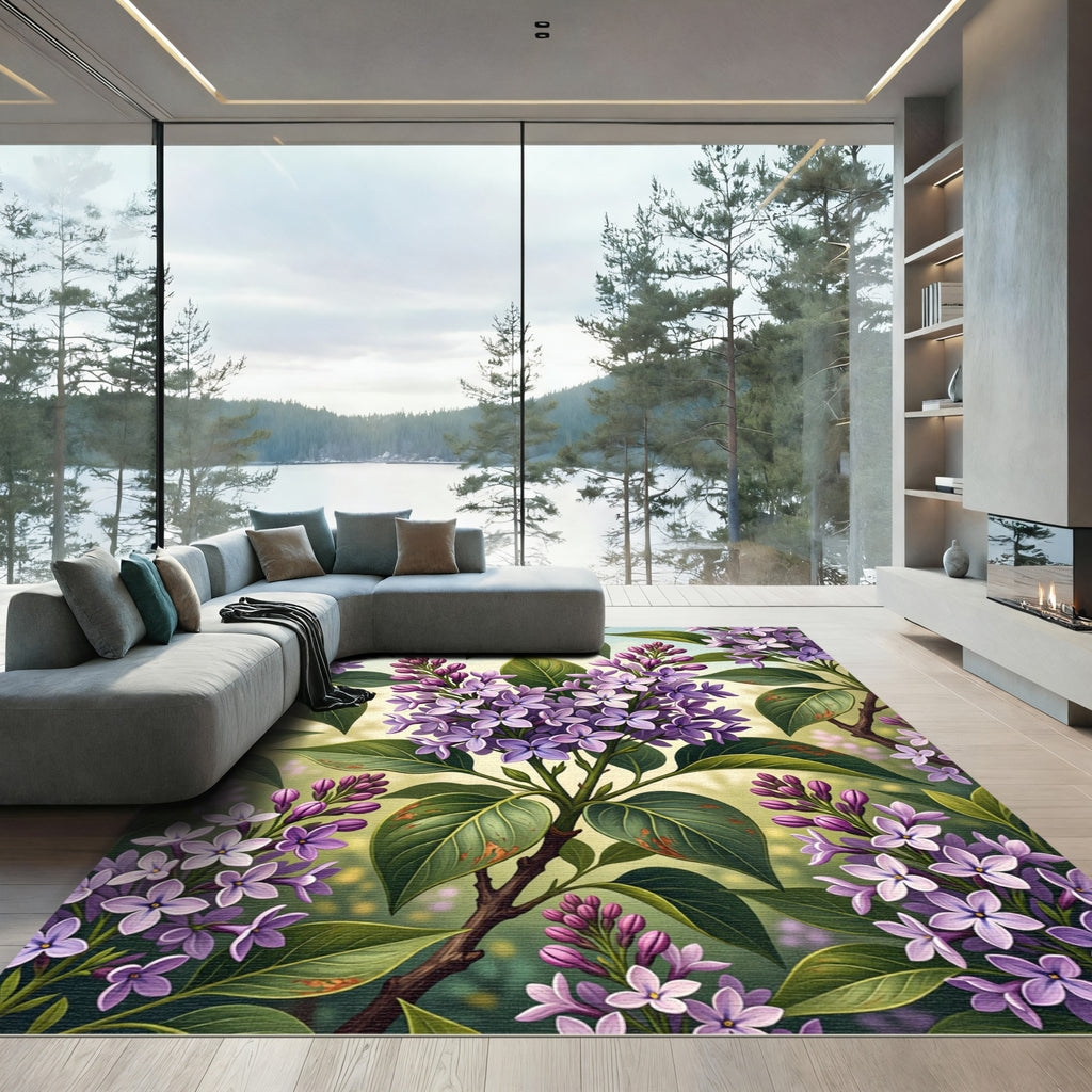 Purple Lilac Blossom Botanical Illustration Rug
