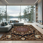Ornate Dark Chocolate Gold Floral Medallion Rug