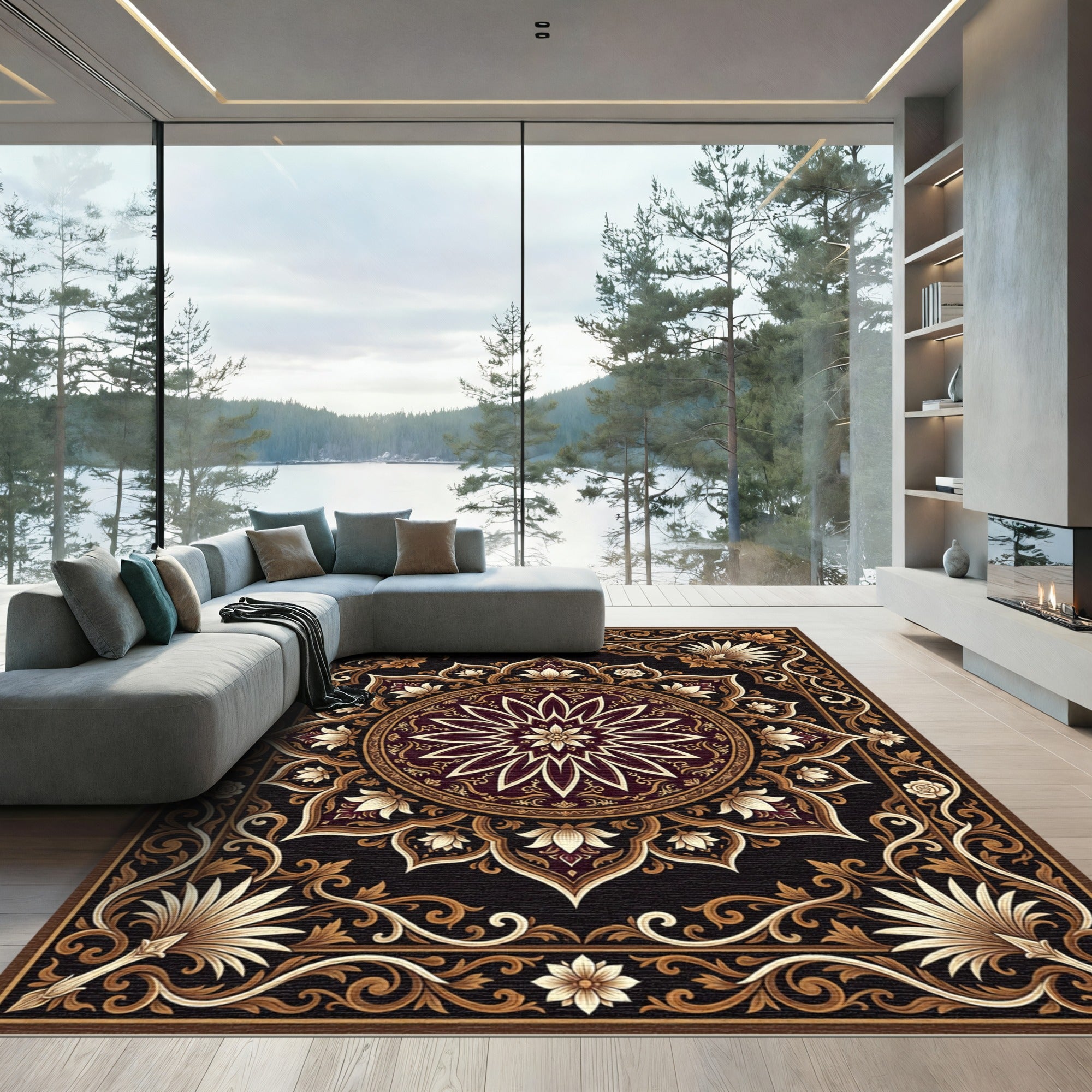 Ornate Dark Chocolate Gold Floral Medallion Rug