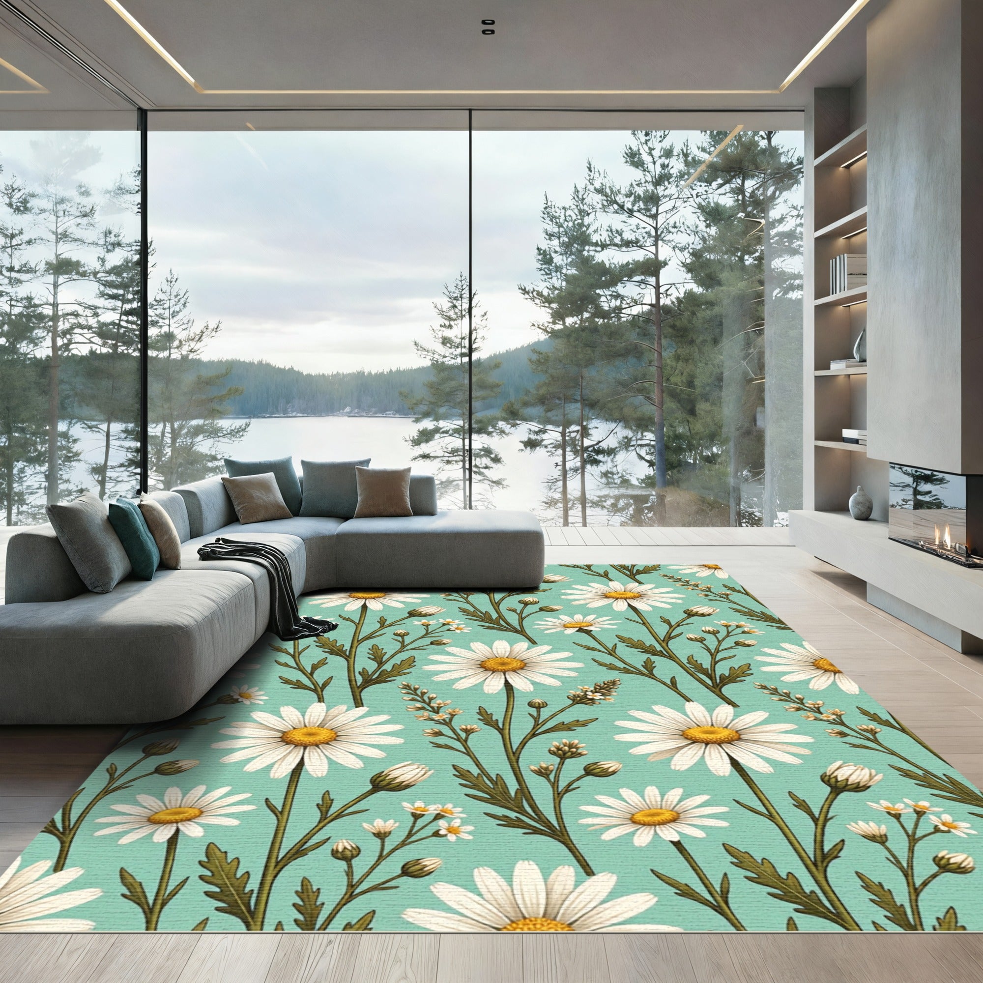 Charming White Daisy Floral Mint Meadow Rug