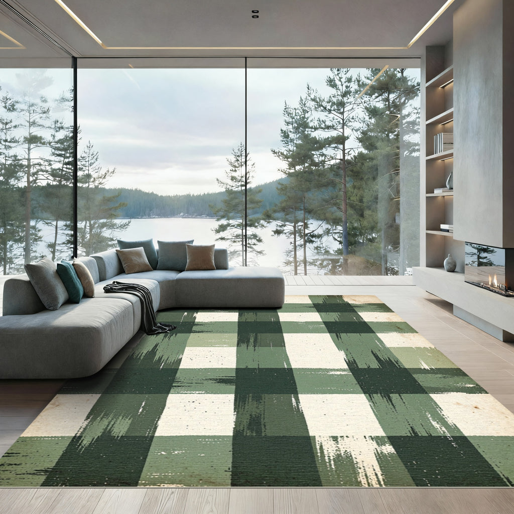 Rustic Distressed Forest Green Plaid Rug