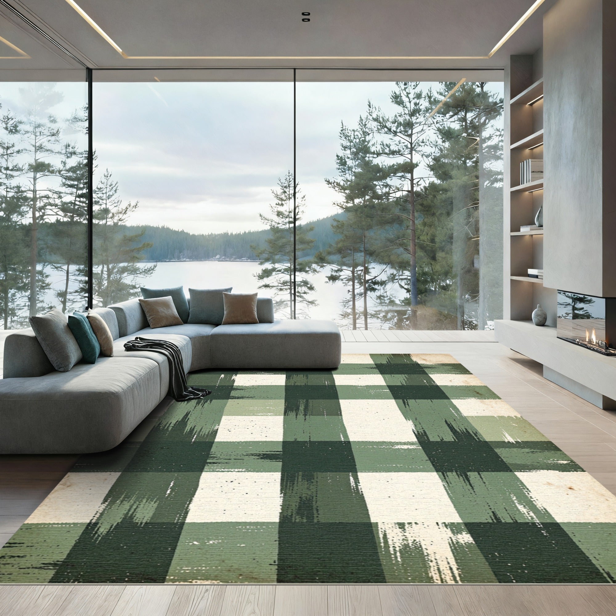 Rustic Distressed Forest Green Plaid Rug