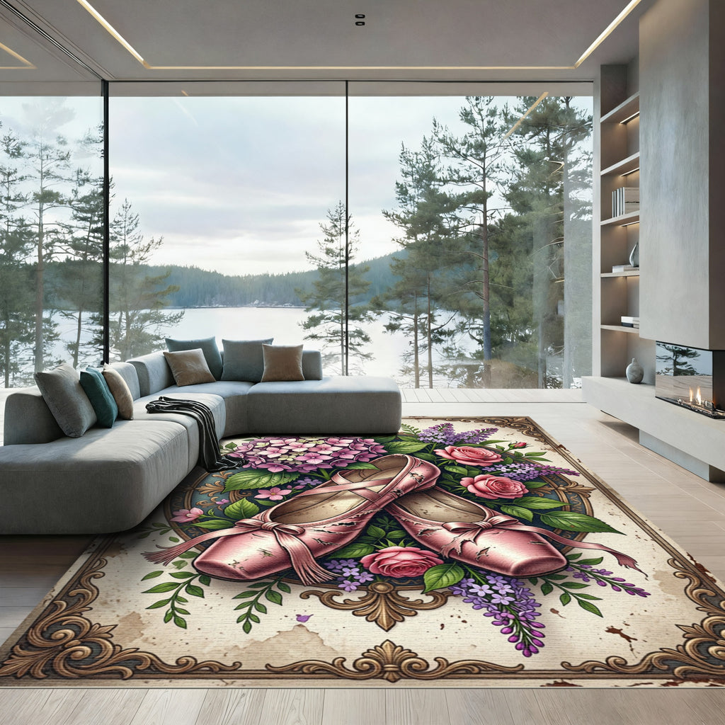 Vintage Pink Ballet Slipper Floral Bouquet Rug