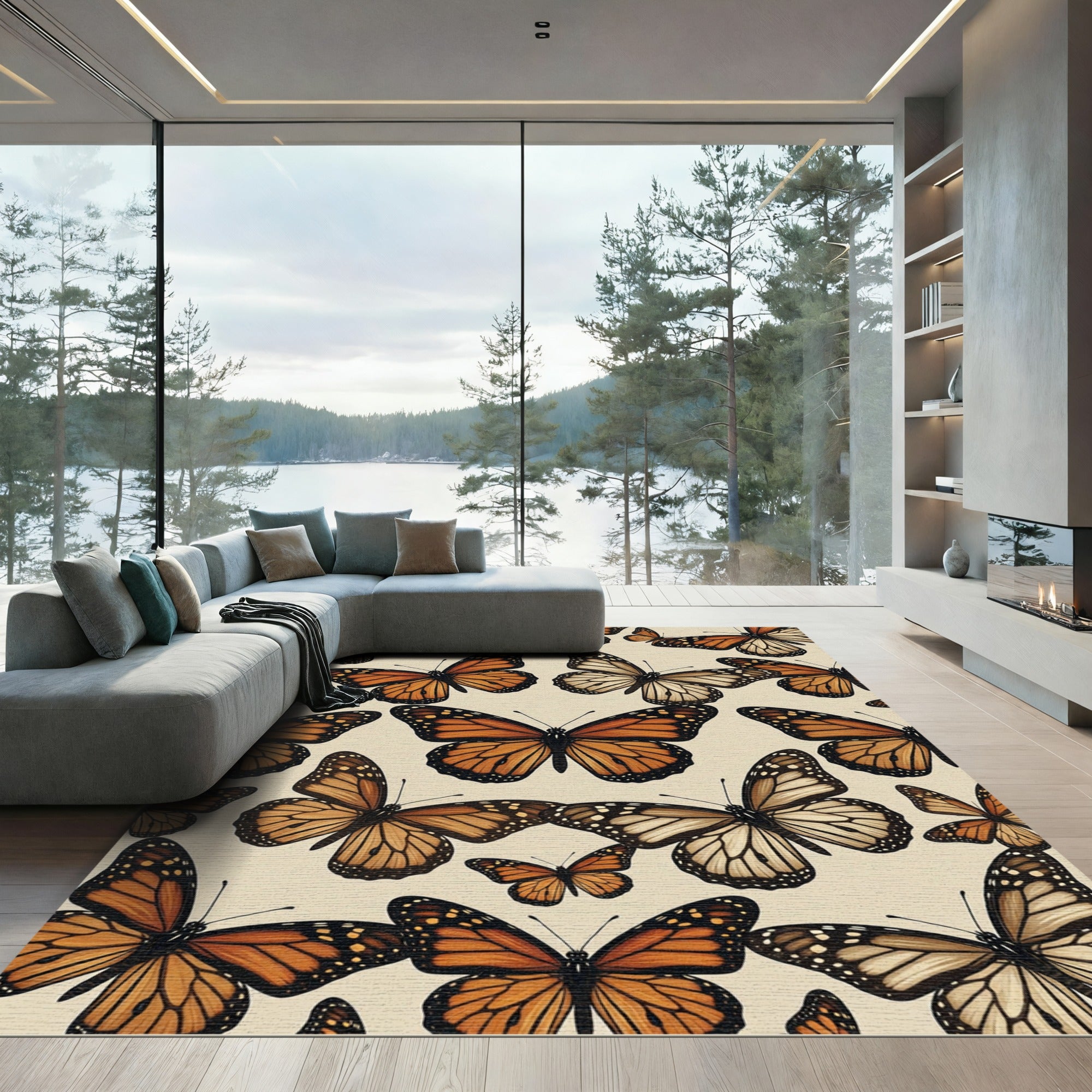 Whimsical Golden Orange Monarch Butterfly Garden Rug
