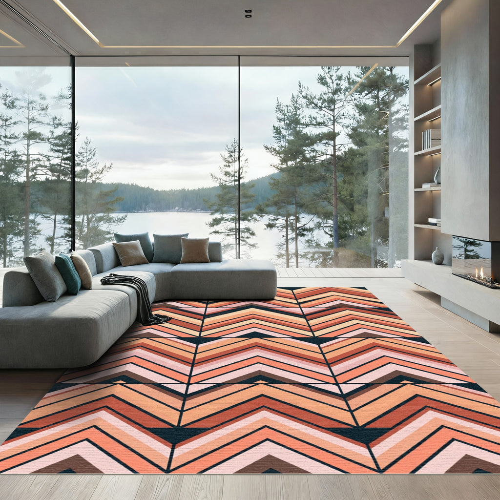 Retro Terracotta Geometric Chevron Area Rug