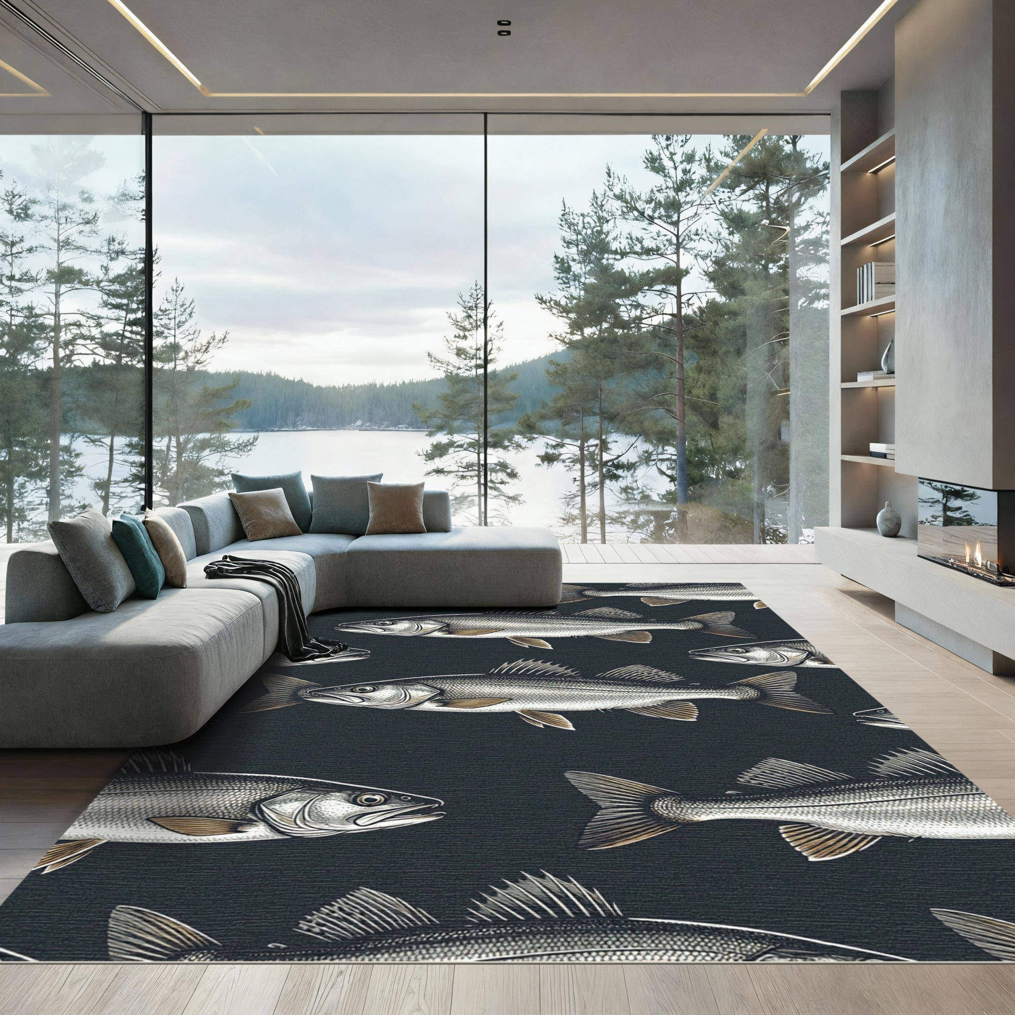 Minimalist Graphite Gray Deep Sea Fish Rug
