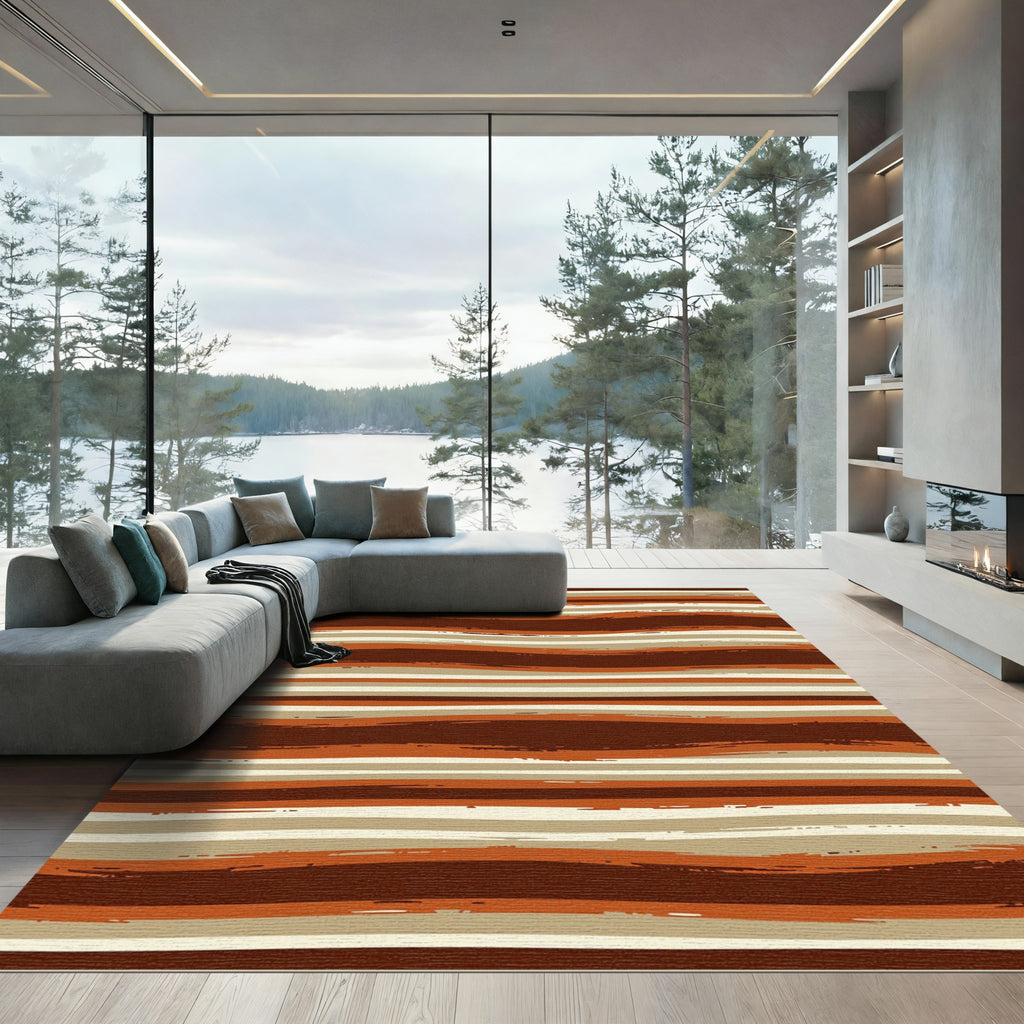Earthy Tones Wavy Terracotta Striped Rug