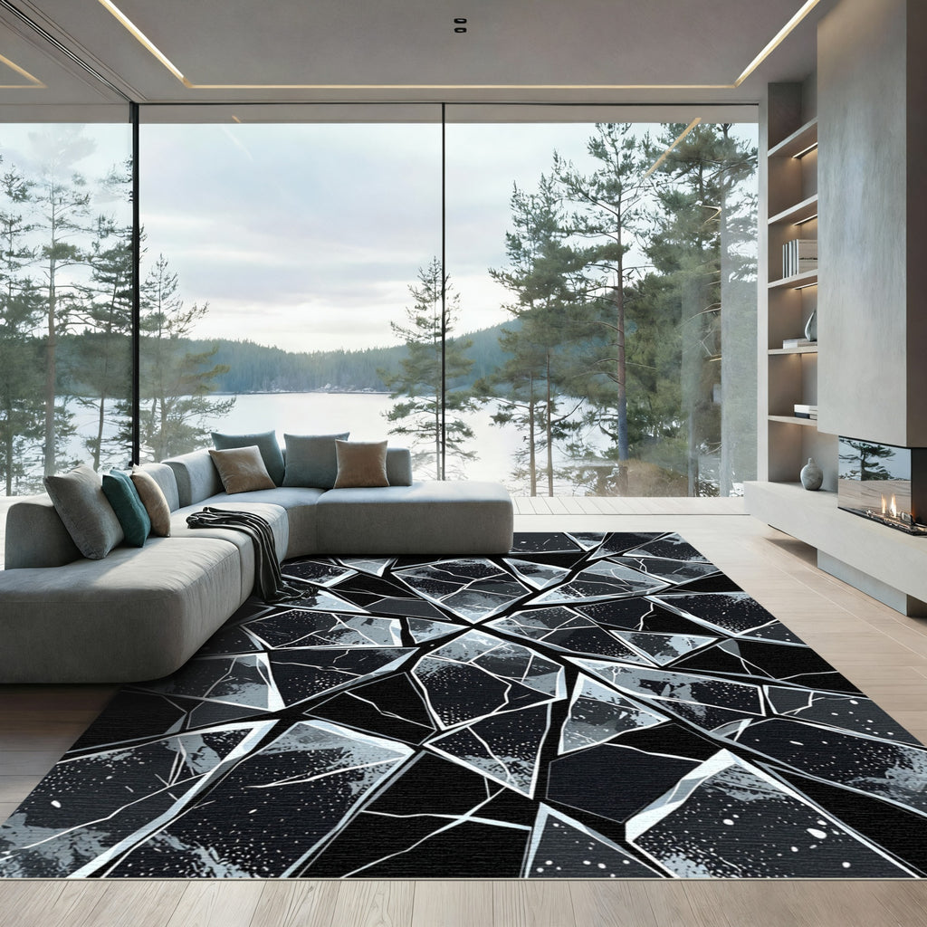 Modern Monochromatic Shattered Geometric Art Rug