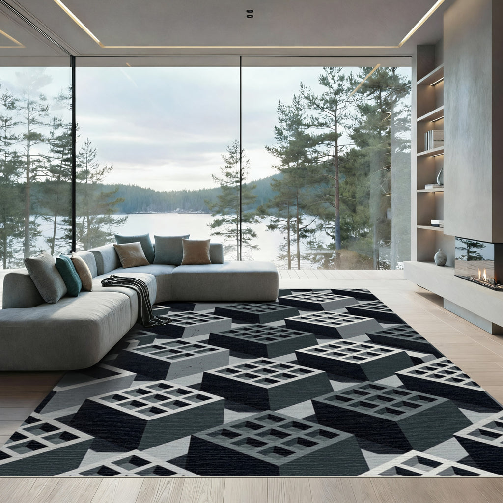 Monochromatic Geometric Grid Industrial Cube Rug