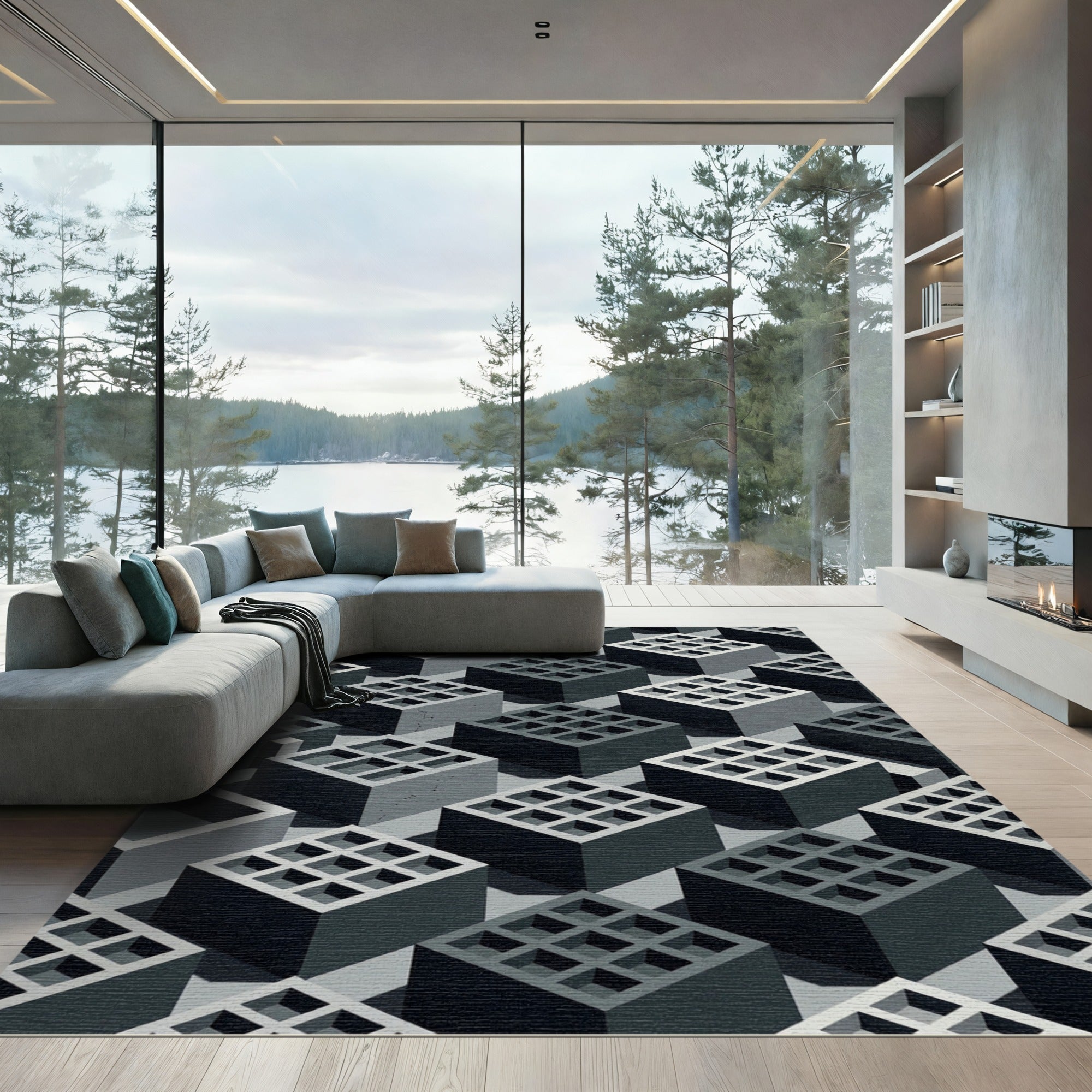 Monochromatic Geometric Grid Industrial Cube Rug
