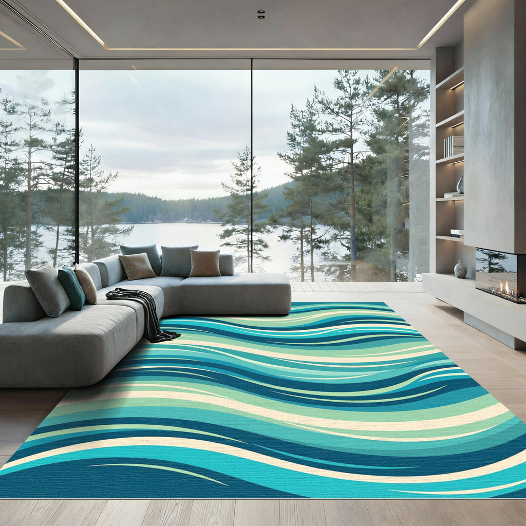 Serene Blue Wavy Coastal Layered Abstract Rug