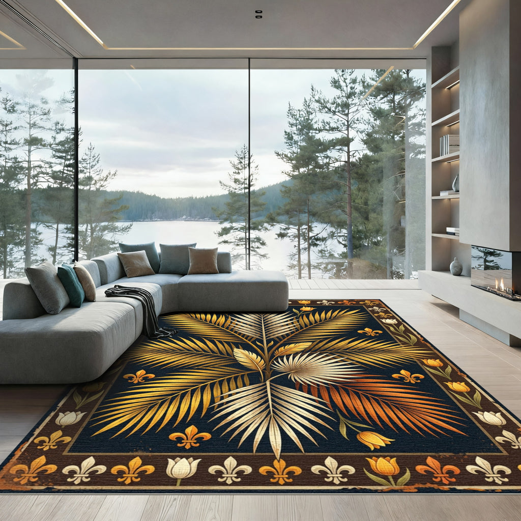 Golden Tropical Palm Fleur-de-lis Art Rug