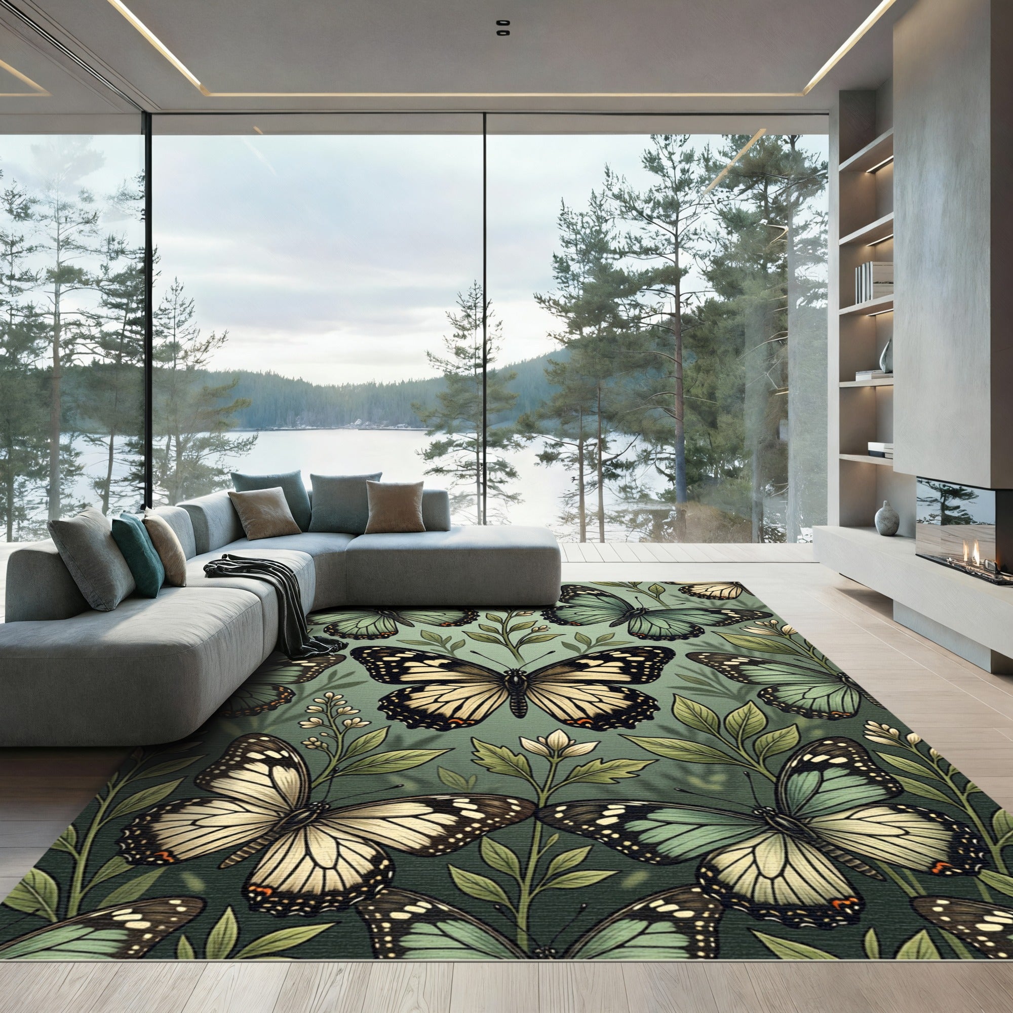 Ethereal Sage Butterfly Botanical Collage Rug
