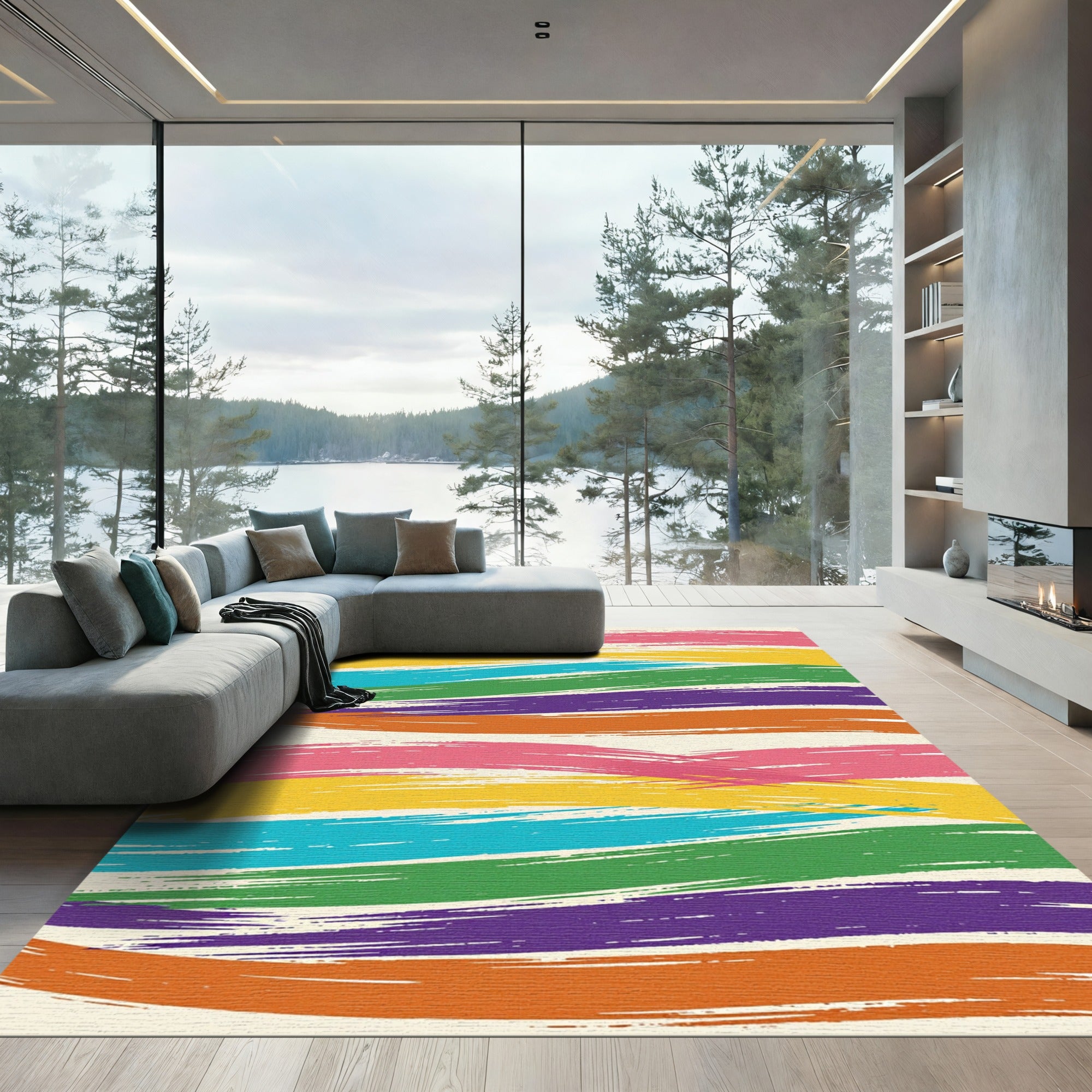 Rainbow Brush Stroke Abstract Rug