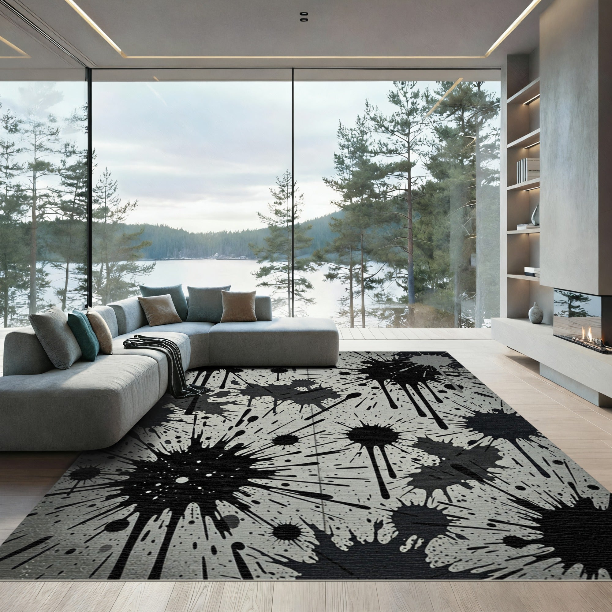 Black Splatter Grunge Abstract Rug