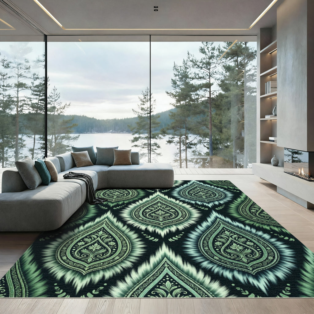 Emerald Green Vintage Ikat Floral Rug