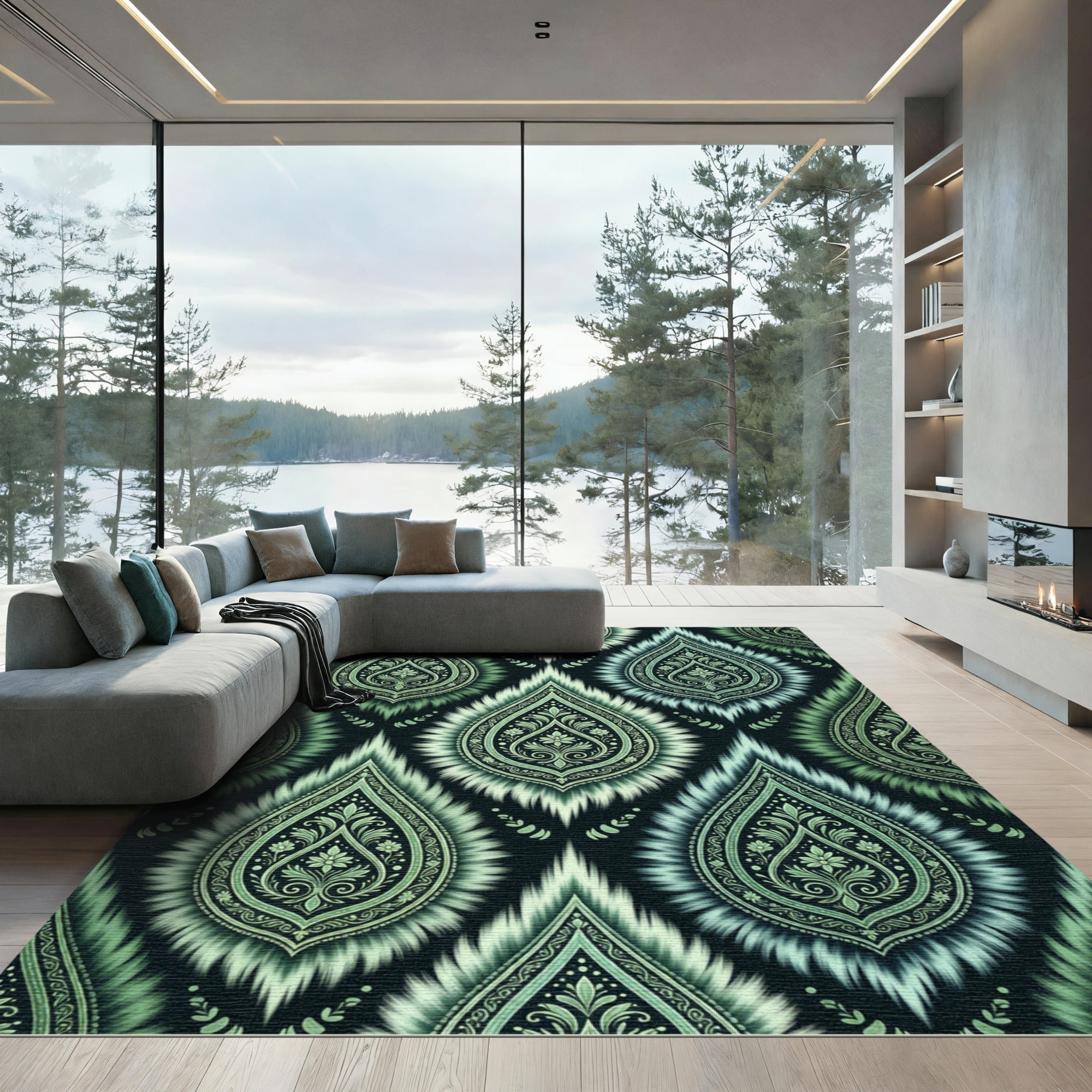 Emerald Green Vintage Ikat Floral Rug