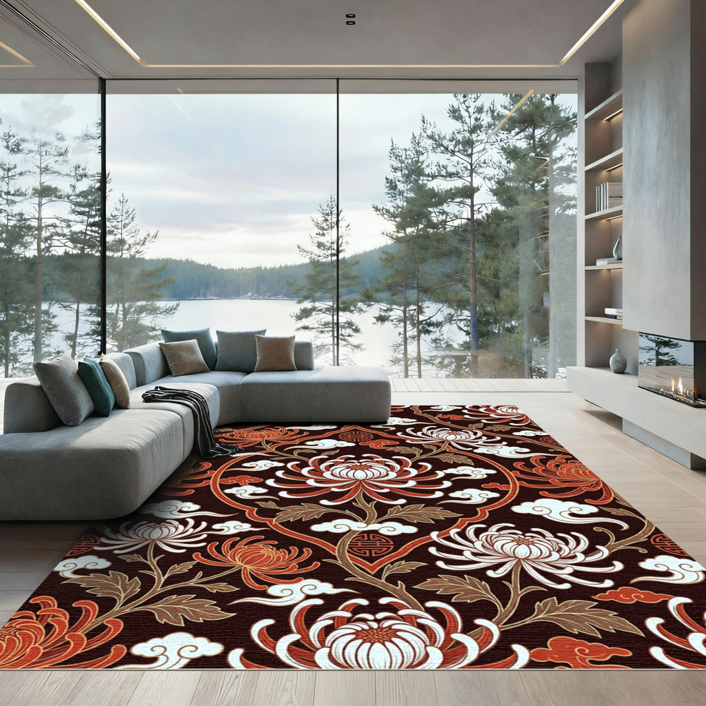 Red White Chrysanthemum Floral Clouds Rug