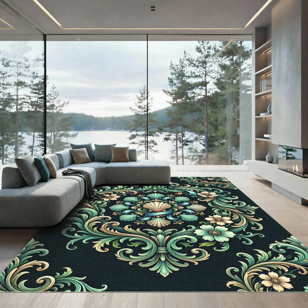 Elegant Mint Shell Swirl Damask Floral Rug