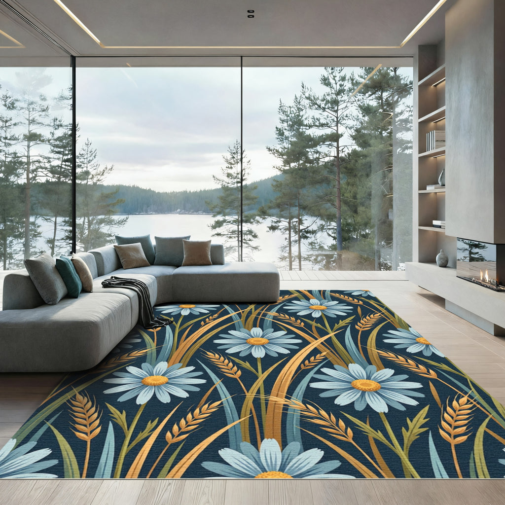 Blue Daisy Wheat Field Garden Rug