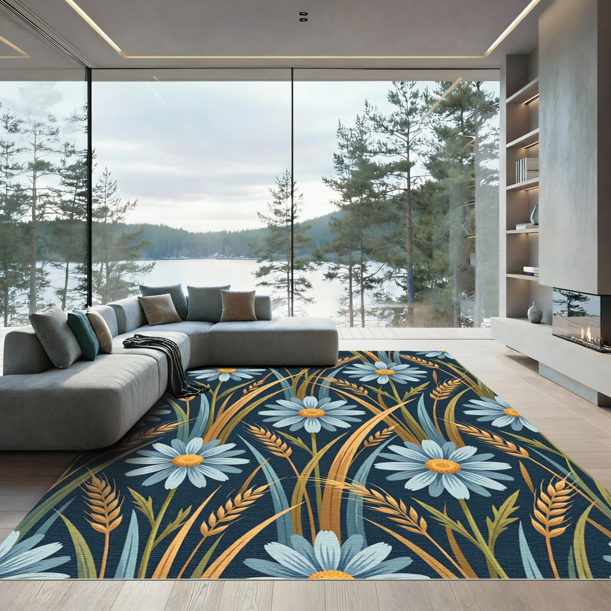 Blue Daisy Wheat Field Garden Rug