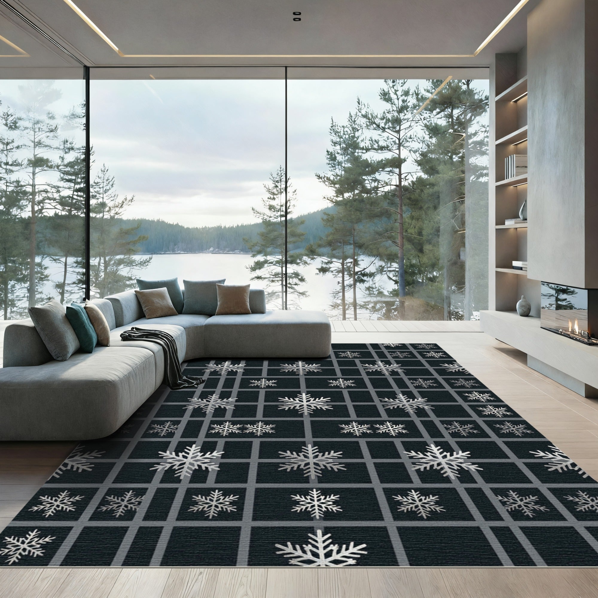 Midnight Charcoal Geometric Silver Snowflake Rug