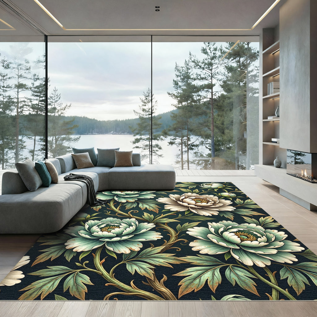 Sage Peony Floral Botanical Dark Backdrop Rug
