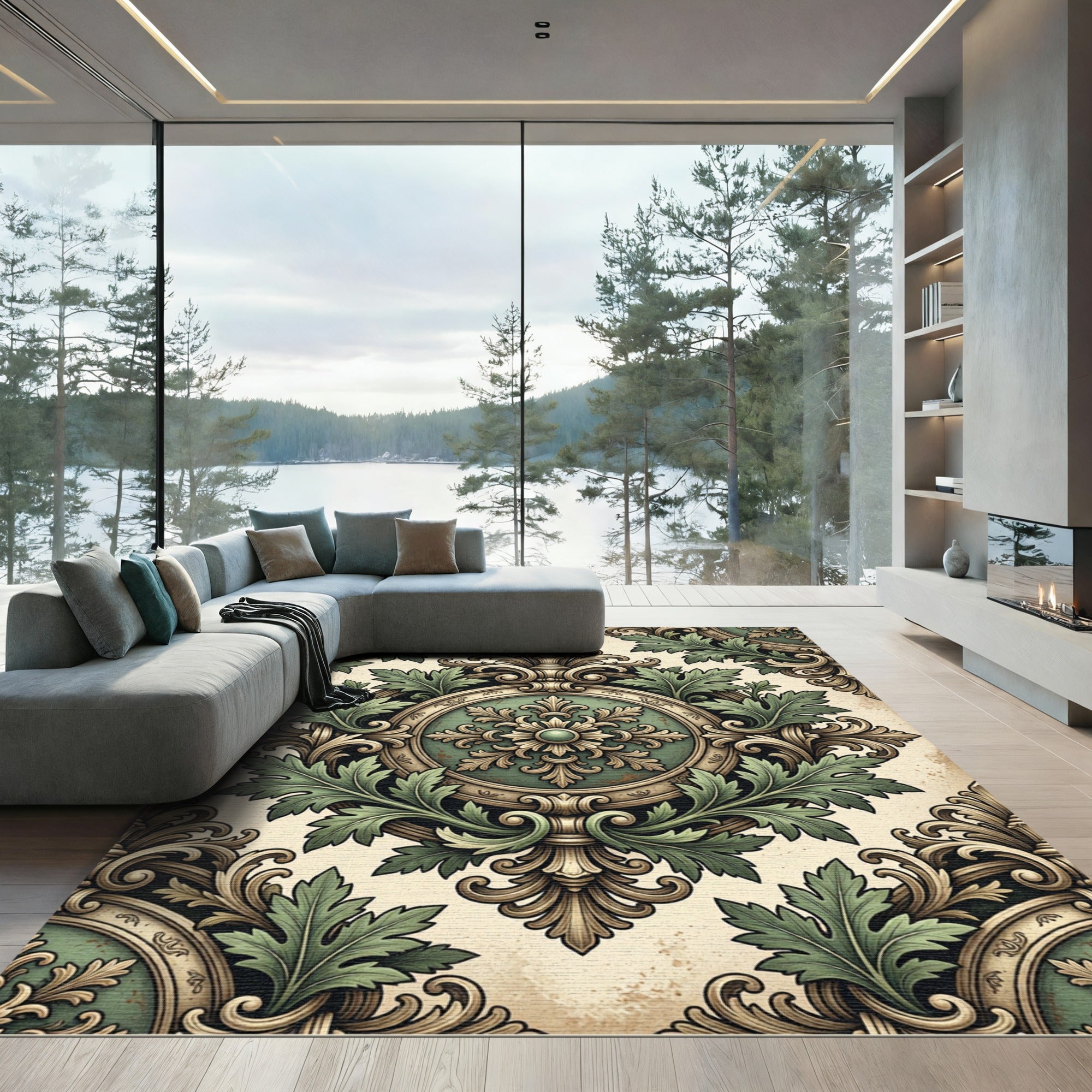 Ornate Sage Green Acanthus Medallion Rug