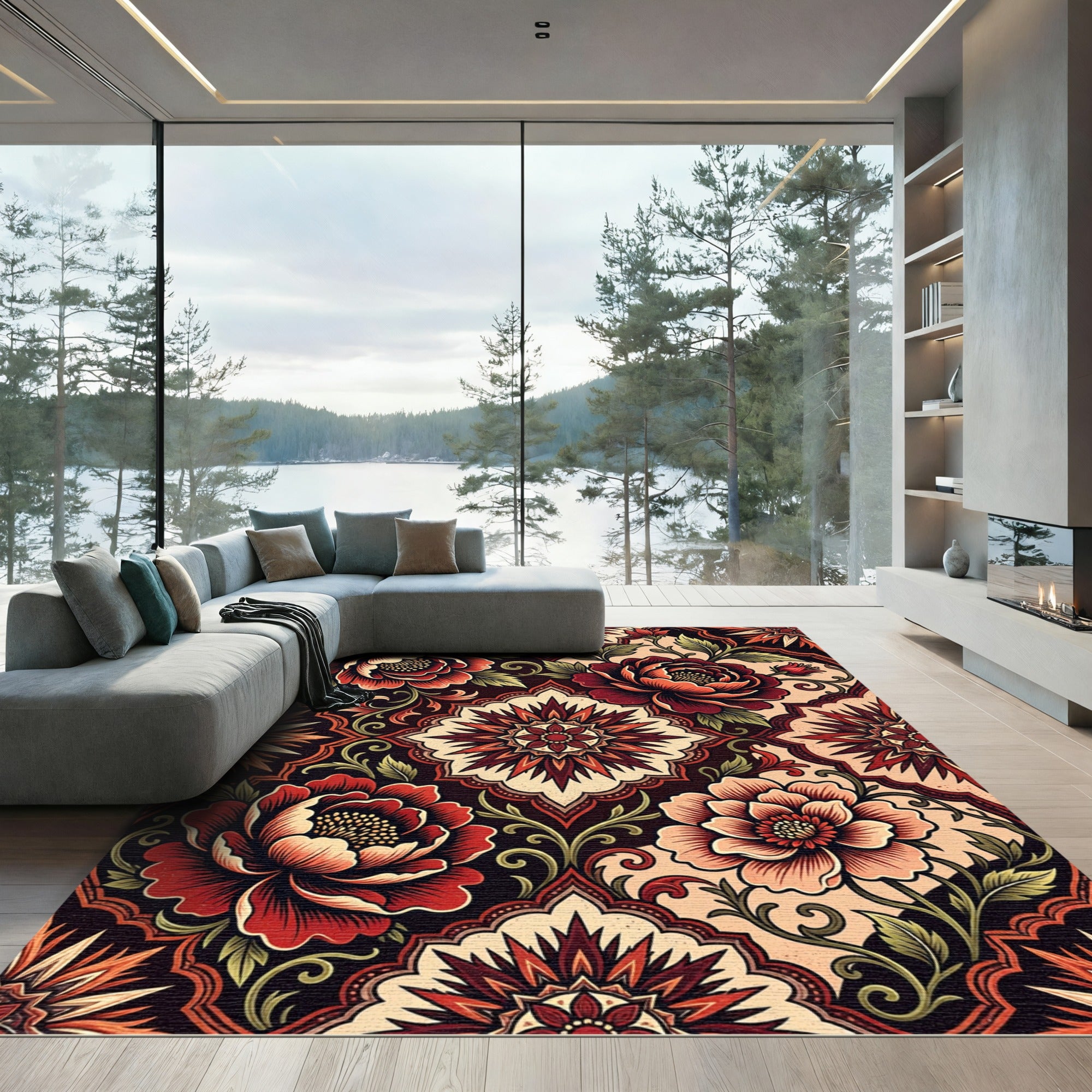 Bold Red Floral Medallion Tapestry Rug